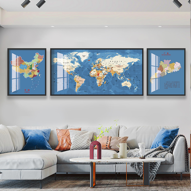 网红世界中国省份地图挂画客厅沙发背景墙装饰画办公室书房大尺寸