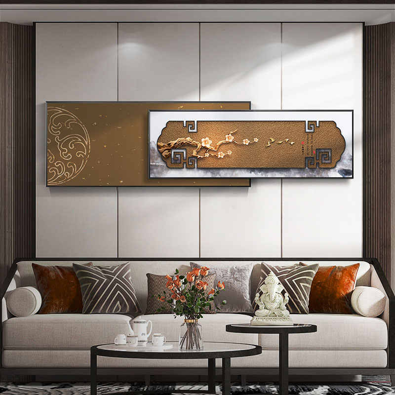 中国风客厅沙发背景墙装饰画新中式高档大气叠加挂画横版梅花壁画