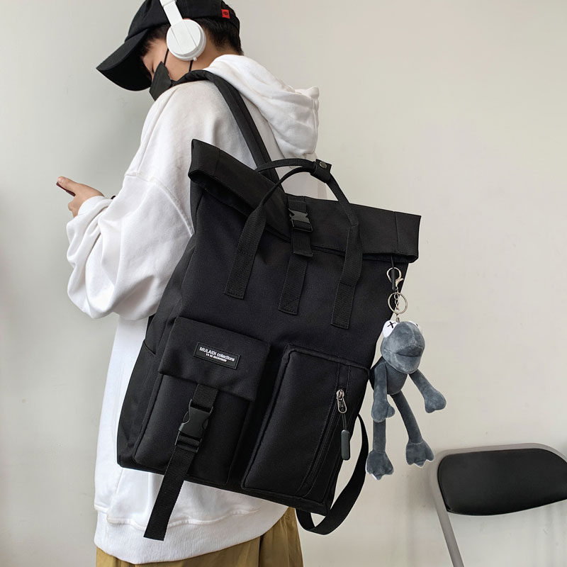 日系潮牌双肩包女高中大学生韩版工装书包男大容量方形旅行电脑包