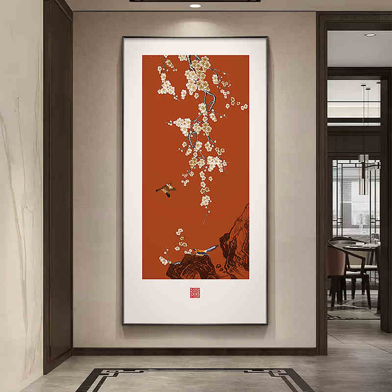 新中式花鸟入户玄关装饰画大气中国风走廊过道挂画竖版寓意好壁画