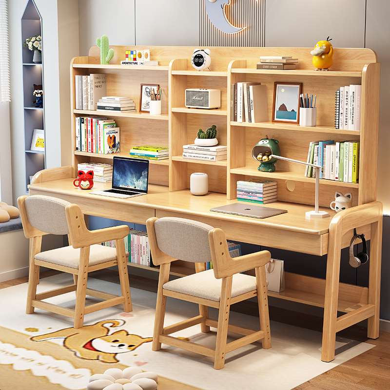 高档帝伊印象实木书桌书架书柜一体组合双人学习桌家用卧室写字桌