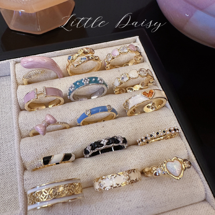 Little Daisy彩色珐琅珍珠白陶瓷锆石可调节个性时尚指环开口戒指