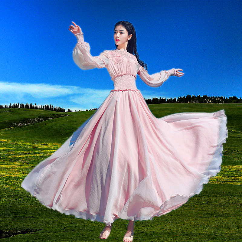 沙滩新款甜美波西米亚粉色温柔很仙的精致雪纺浪漫连衣裙度假长裙
