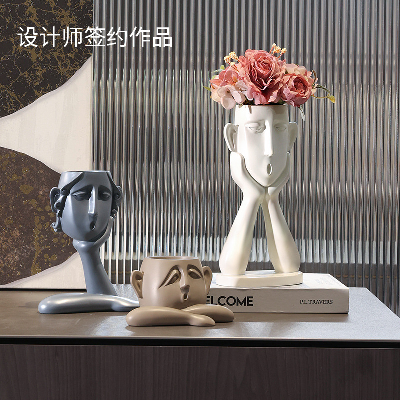 现代抽象人脸创意客厅艺术花瓶摆件北欧轻奢家居简约玄关装饰花盆