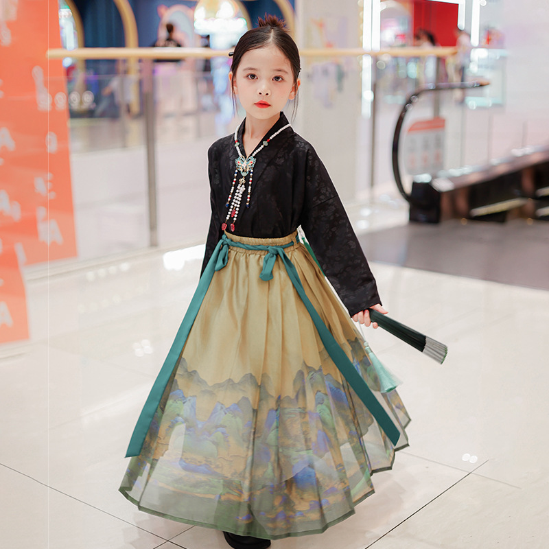 女童明制汉服马面裙套装秋装长袖复古中国风千里江山河裙子两件套