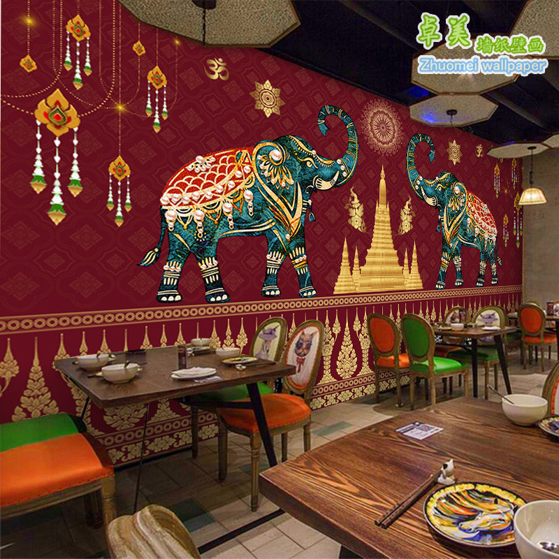泰式风格墙纸酒店背景墙装修东南亚民族风情大象壁画泰国餐厅壁纸
