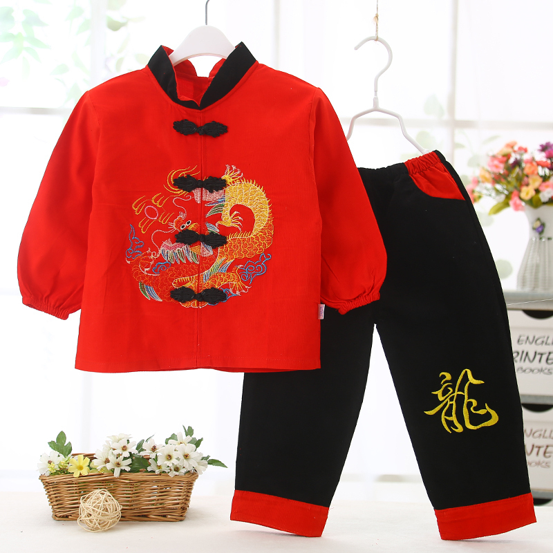 宝宝拜年服大红色防水罩衣裤套装婴幼儿童外罩衣服中国风汉服唐装