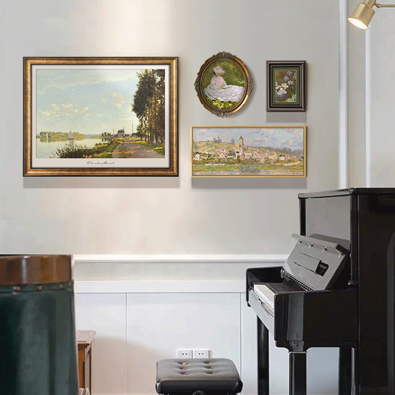 莫奈油画美式客厅装饰画法式中古背景墙面挂画钢琴房上方艺术壁画