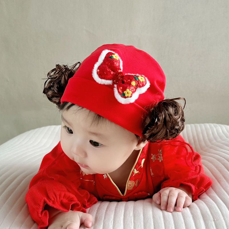女宝宝春秋帽子可爱中国风大红色百天满月喜庆帽子纯棉新款棉质