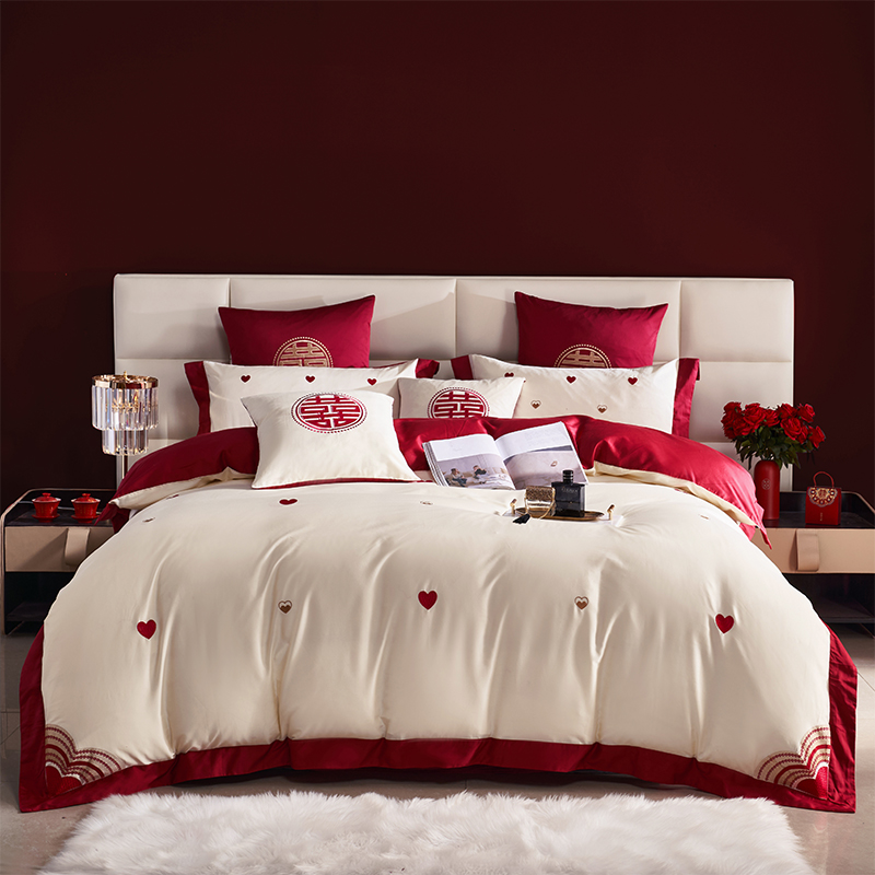 中式刺绣全棉婚庆床品四件套红色全棉100S长绒棉结婚被套床单床笠