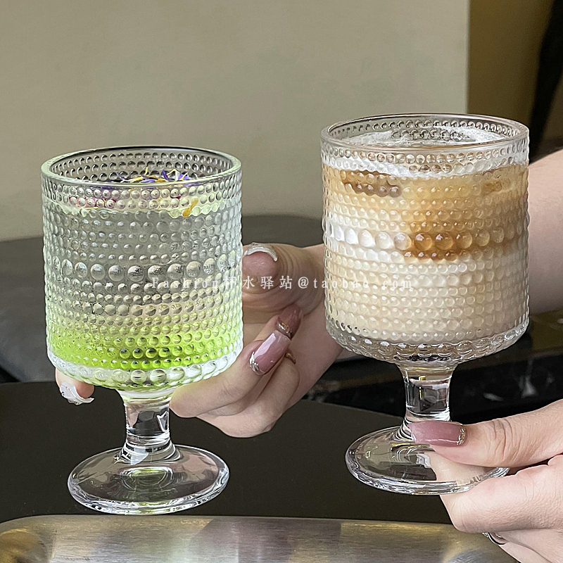 复古ins风露珠浮雕玻璃杯微醺热红酒杯设计感特调饮品杯气泡水杯