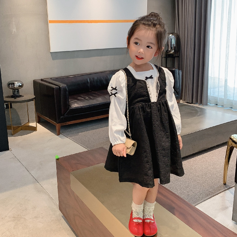 女童长袖黑白拼色连衣裙秋装儿童时髦洋气韩版女宝宝秋季公主裙子