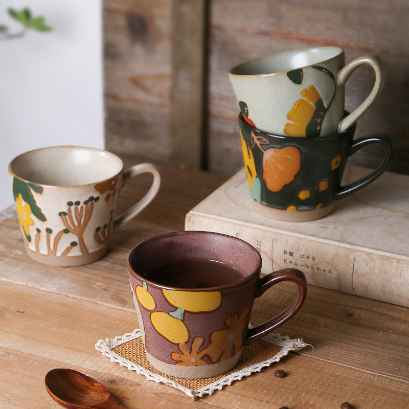 原创日式花卉马克杯复古咖啡杯女陶瓷创意高颜值大容量水杯带勺子