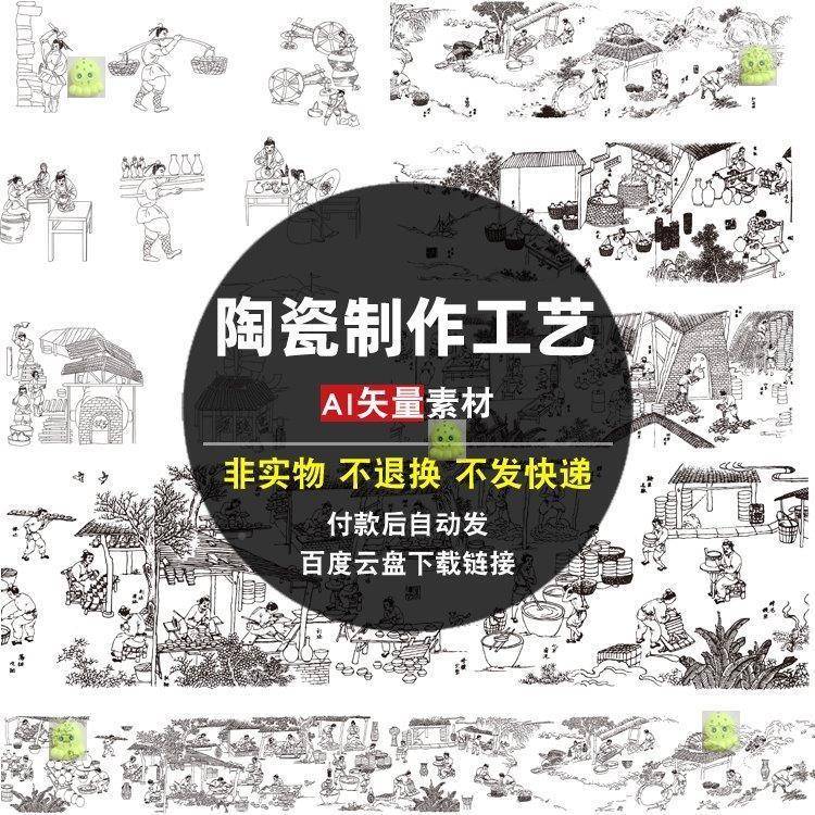 陶瓷制作工艺AI矢量素材中国风线描传统劳动古代作坊古法流程图片
