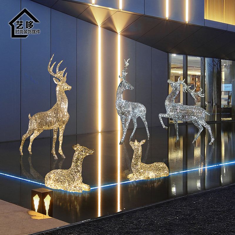 户外不锈钢镂空发光麋鹿雕塑售楼处大厅艺术装置酒店园林景观摆件