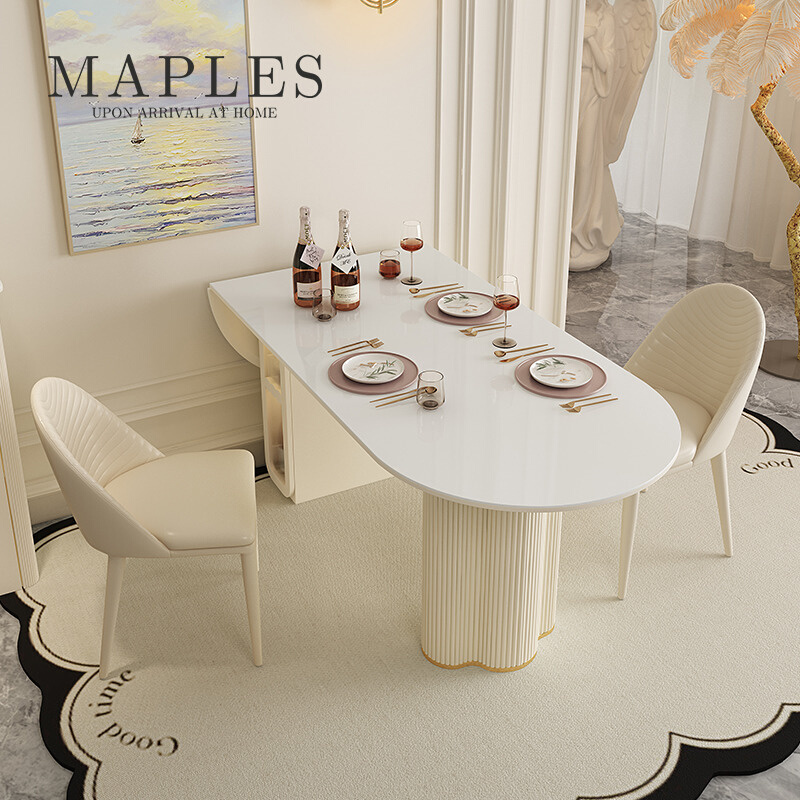 岩板折叠餐桌椅组合家用小户型奶油风饭桌椭圆形朵餐桌