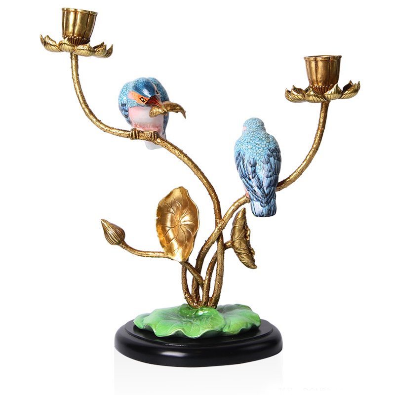 家居创意装饰品摆件陶瓷荷叶小鸟铜烛台玄关工艺品桌面摆台1471