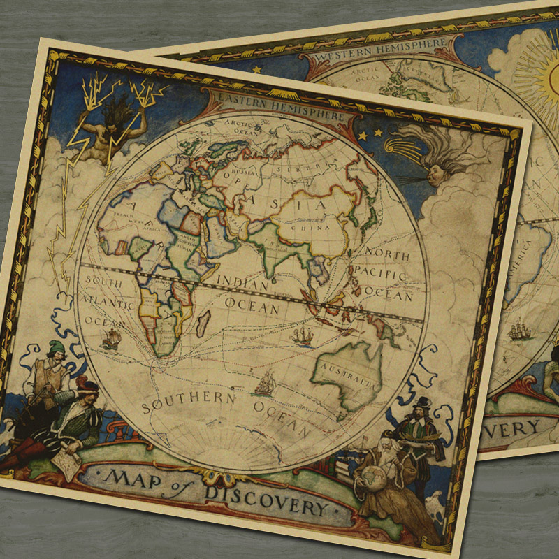 大尺寸英文古代地图 怀旧复古牛皮纸海报 咖啡酒吧装饰贴画芯挂画