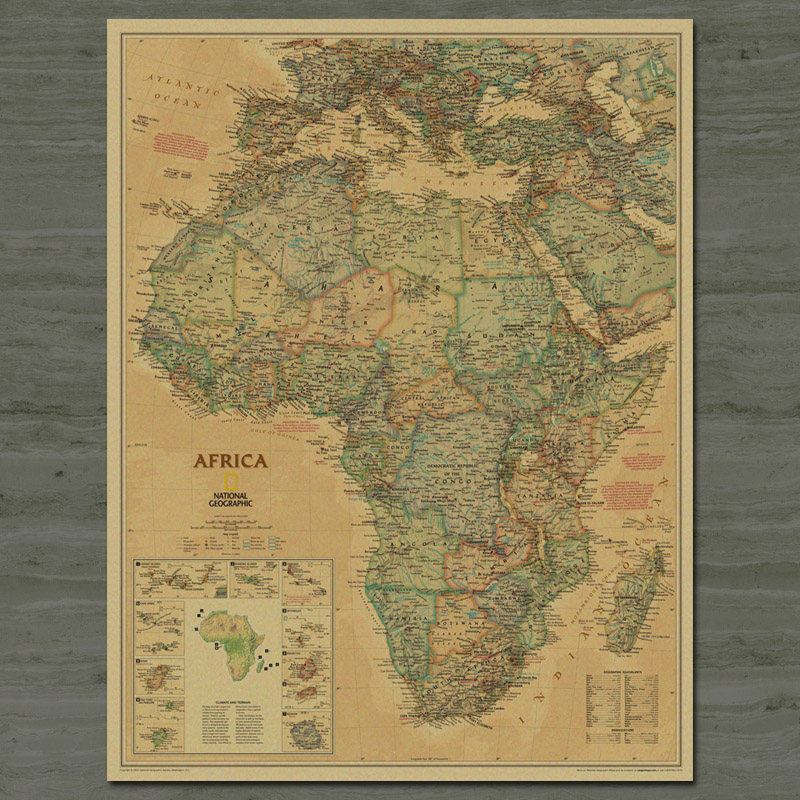 非洲装饰地图 怀旧复古牛皮纸海报 咖啡酒吧装饰贴画芯挂画