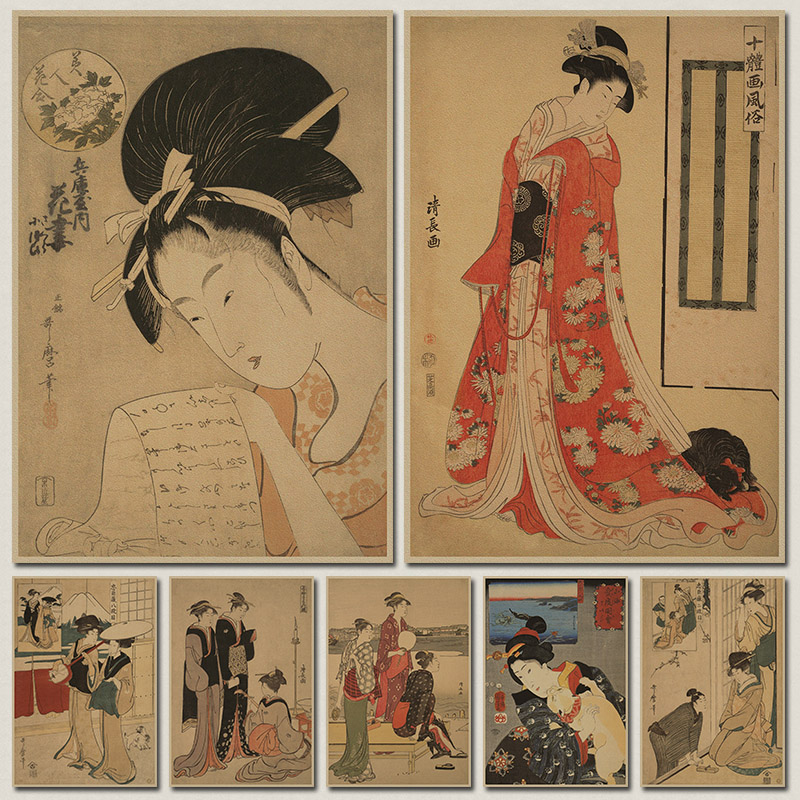 浮世绘 侍女图 日式风格 复古牛皮纸海报 日本料理酒吧装饰挂贴画