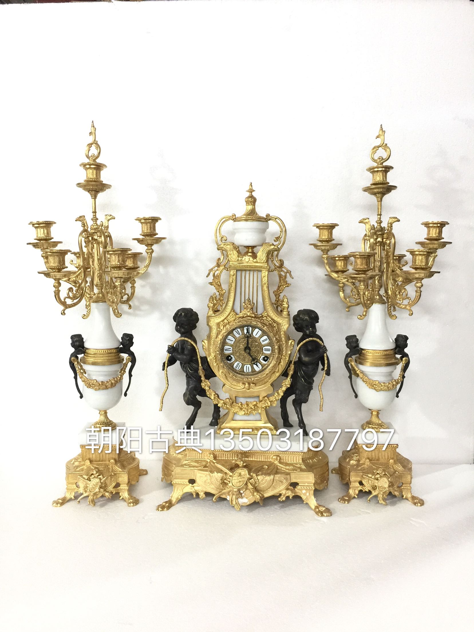 古典钟表 仿古机械座钟老式蜡烛台 欧式老式家居装饰 三件价格