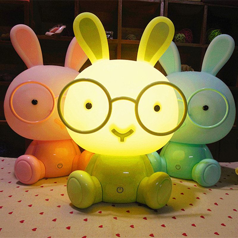 三档调光LED暖光插电台灯眼镜兔台灯卧室床头小兔子触摸装饰灯