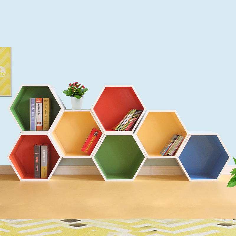 学校儿童木质简约创意蜂巢六边形图书馆书架置物架落地柜定制