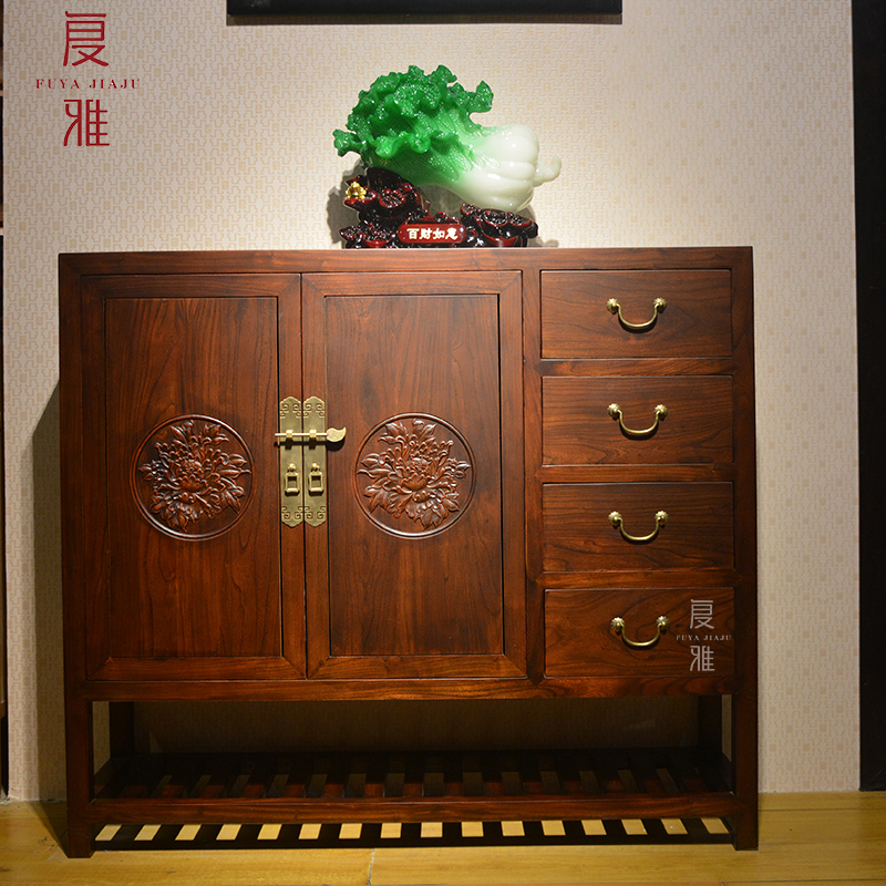 新中式老榆木鞋柜玄关柜定制仿古纯实木雕花木质花梨木红木色家具