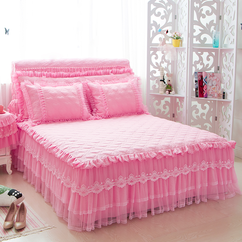 韩版公主风蕾丝花边纯色夹棉加厚1.8单件床裙式防滑保护套1.5床罩