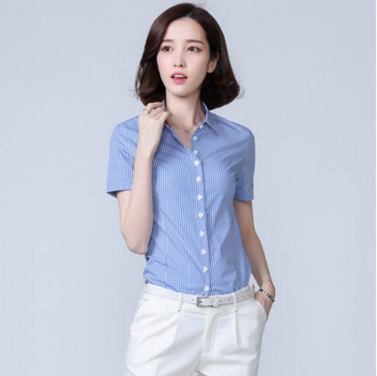 2017修身常规格子新款短袖衬衫韩版OL格百搭棉衬衣职业装工装上衣