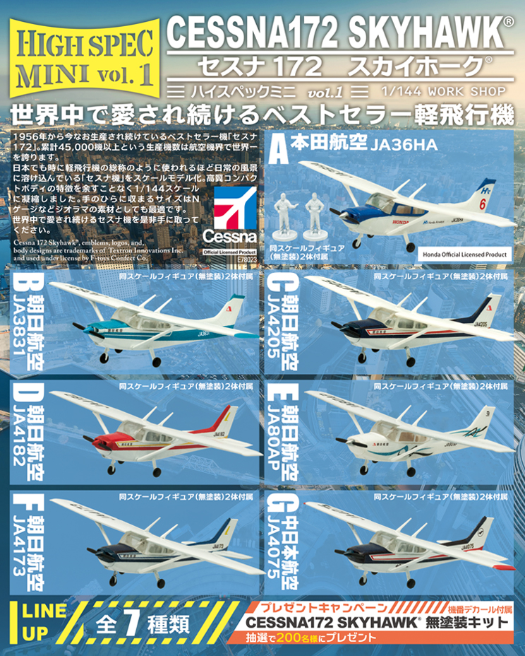 F-TOYS 1:144  MINI1赛斯纳CESSNA172 天鹰 飞机模型玩具