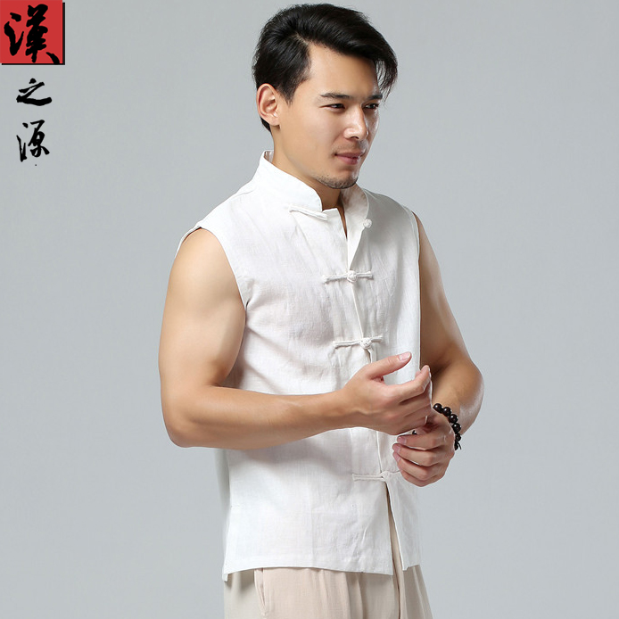 中国风男装无袖上衣中式立领盘扣马褂亚麻唐装背心夏季马甲坎肩