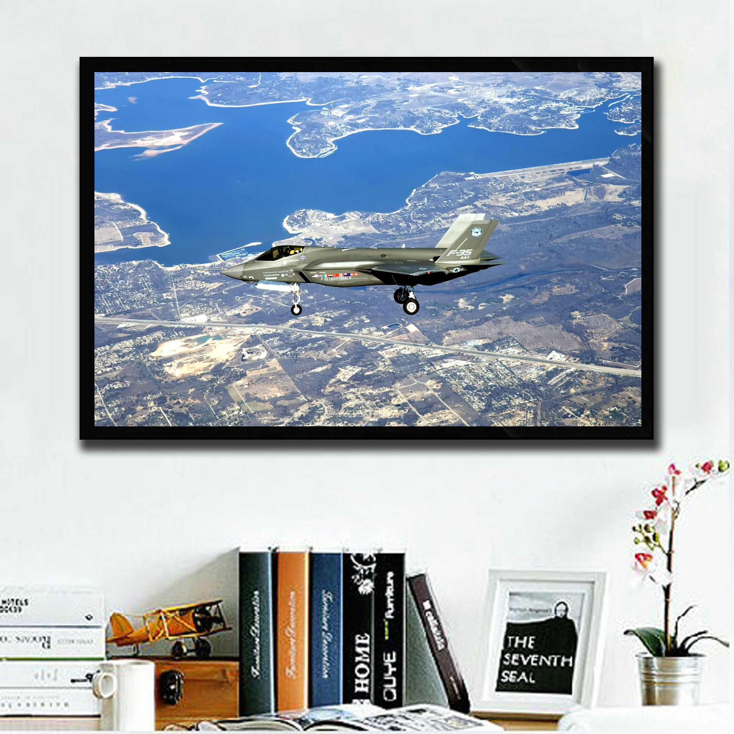 战斗机F-35飞机装饰画男孩房卧室海报有框画军事战争主题壁挂墙画